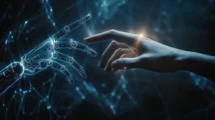 Human and Robotic Hand Reach Towards Each Other in a Futuristic Setting Highlighting Artificial Intelligence and Human Connection