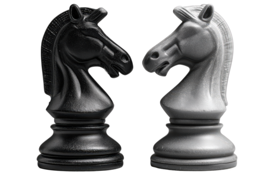 Black And Silver Glitter Chess Pieces Facing Off On Transparent Background