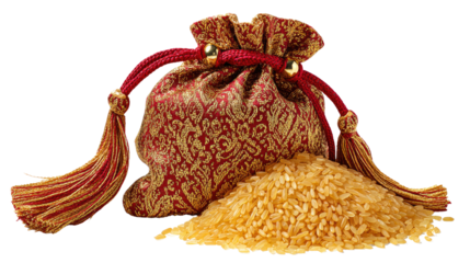 Golden Rice in Brocade Bag: A pile of golden rice spills from a richly decorated red brocade bag, tassels dangling to the side. The image evokes feelings of abundance, prosperity.