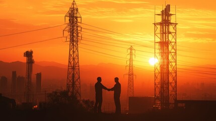 Sunset Collaboration Between Two Professionals Amidst Power Lines in an Urban Landscape Setting