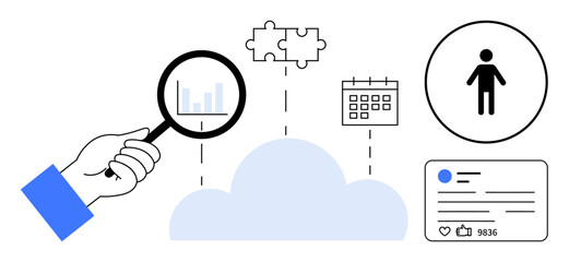 Hand holding magnifying glass over chart, cloud, puzzle pieces, calendar, human icon, and social media post. Ideal for analytics, cloud services, personalization teamwork scheduling networking