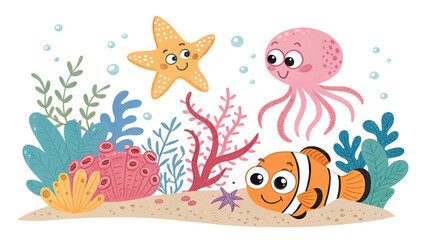 Obraz premium Bright sea creature icons—starfish, squid, coral, clownfish—flat style clipart on white.