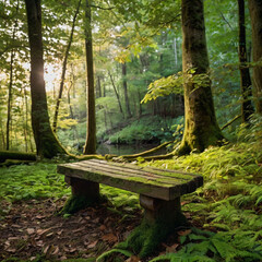 Naklejka premium weathered wooden bench sits quietly in a dense forest