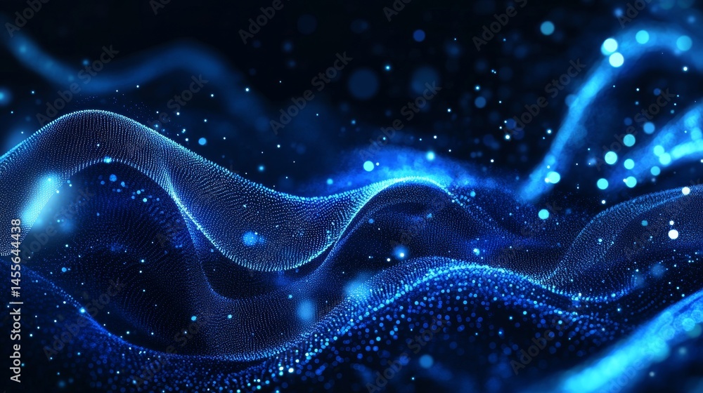 Aufkleber Digital Wave of Blue Particles Flows Smoothly in a Dark Background Creating an Abstract Visual Representation of Light and Movement