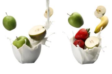 Pieces of fruit and milk flew around isolated on white background PNG