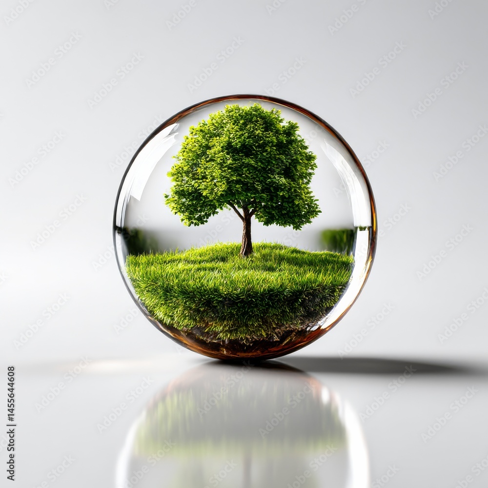 Poster A Miniature Ecosystem: Capturing a Single Tree and Verdant Land within a Glass Sphere on a Clean Surface.