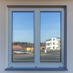 Modern double-paned window reflecting a cityscape