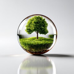 A Miniature Ecosystem: Capturing a Single Tree and Verdant Land within a Glass Sphere on a Clean Surface.