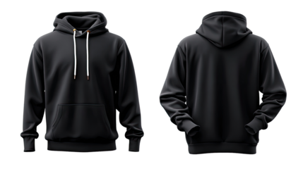 Classic Black Hoodie: Front and back view of a versatile and comfortable black hoodie, perfect for casual wear. Showcase the hoodie's details.