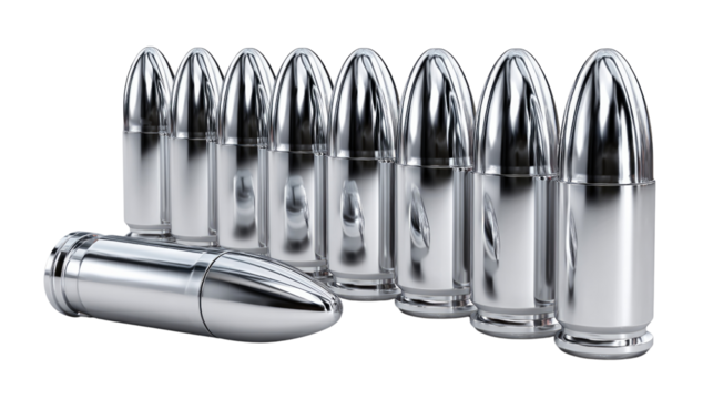 Silver Bullets: A row of ten polished silver bullets,  glistening with a metallic sheen. The bullet are arranged in a linear fashion, creating a powerful visual motif. The sharp.