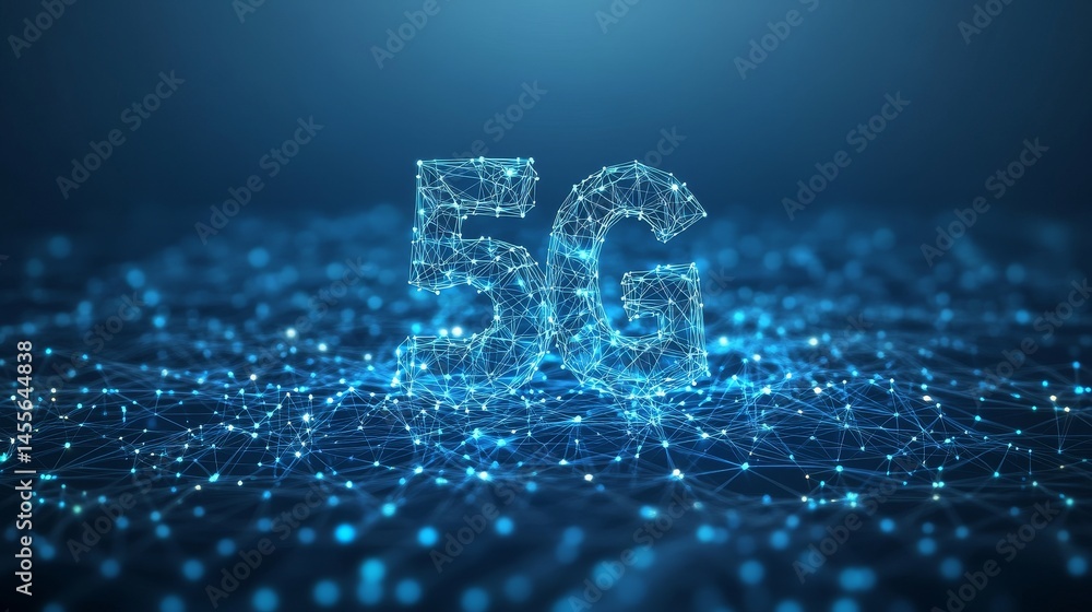 Poster advanced 5g technology visual representation with interconnected nodes and glowing lines in a digita