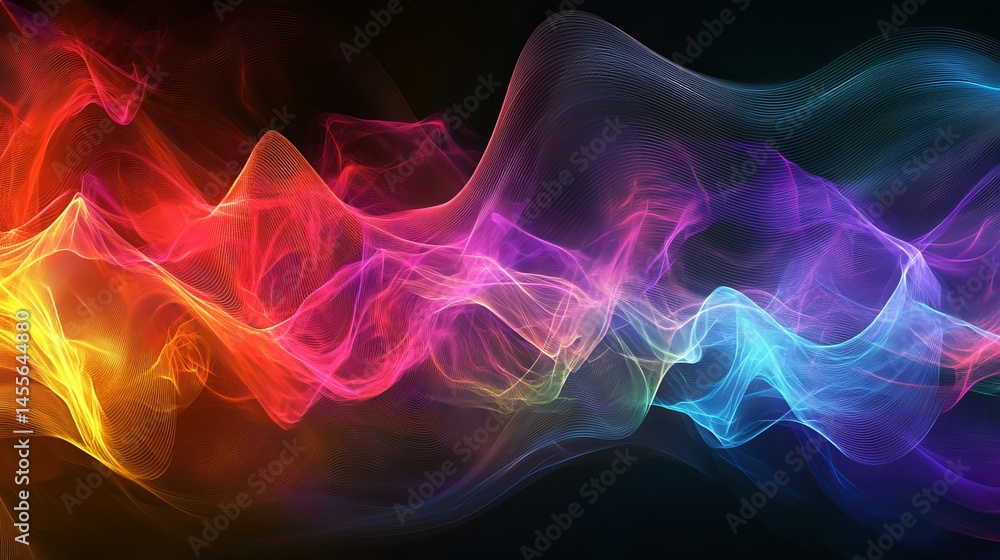 Aufkleber Vibrant Abstract Waves of Color Create a Dynamic Visual Display Resembling Energy Flows in a Dark Background During a Creative Digital Art Session
