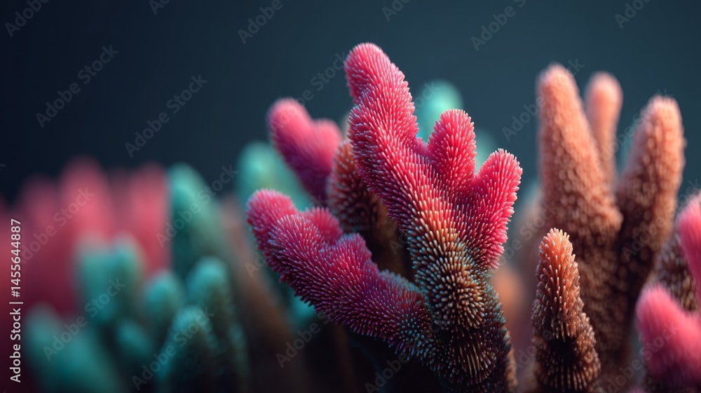 Poster close-up view of a glowing coral reef structure with detailed branching patterns illuminated by soft