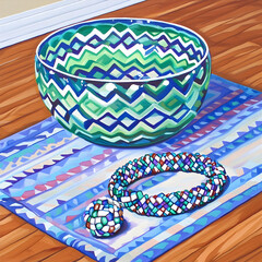 Fototapeta premium Colorful pet bowl and toys on a rug, hardwood floor background; perfect for pet product websites or blogs