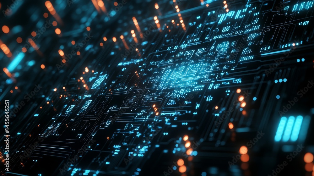 Poster close-up view of a circuit board highlighting intricate patterns and glowing blue connections in a t