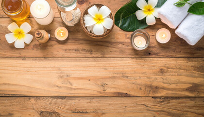 Fototapeta premium Natural spa setting with wellness items and ritual candles on wooden surface creating calming atmosphere for relaxation and self care