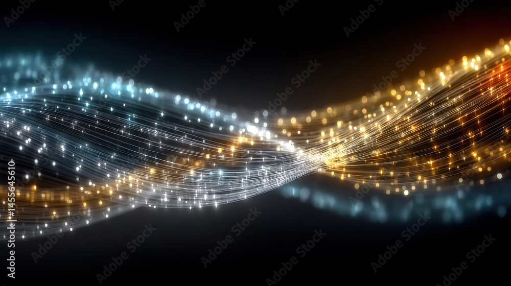 Poster macro capture of shimmering fiber optic strands showcasing luminescent signals and advanced technolo