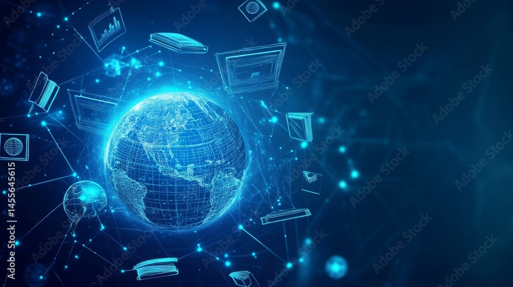 Poster digital transformation represented by a glowing globe and various icons symbolizing knowledge, commu