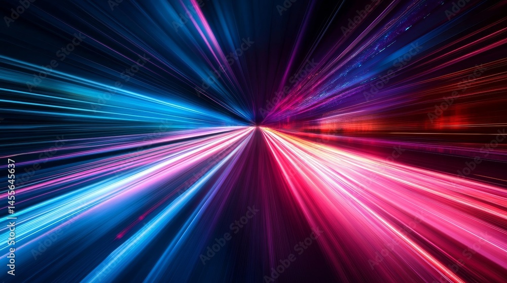 Poster streaks of blue and orange lights create a dynamic display on a dark road, illustrating speed and mo