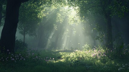 Obraz premium Sunlit glade revealing a peaceful forest scene during the ethereal dawn