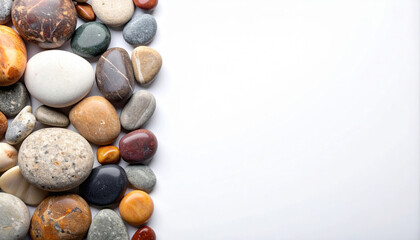 Smooth natural stone with wellness colors arranged on white background for ritual relaxation and meditation space