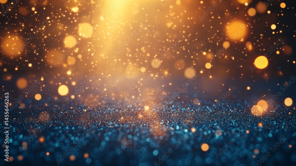 Poster sparkling golden and blue particles create an enchanting atmosphere with shimmering lights and soft 