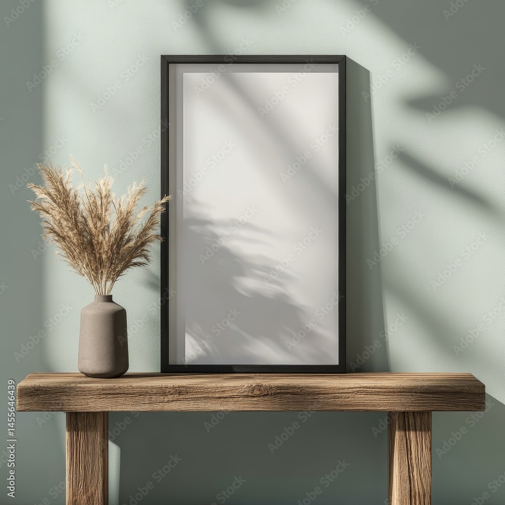 Poster decorative wall with empty frame and decorative elements in a modern interior setting during daytime