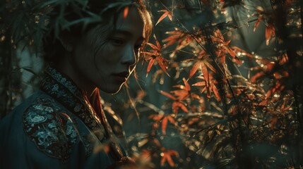 Enchanting Portrait of a Woman in Traditional Attire Amidst Natures Beauty with Sunlit Red Lea