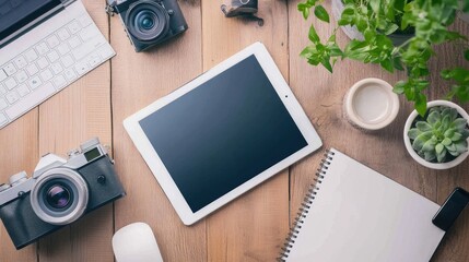Creative workspace with technology, cameras, and greenery on wooden desk