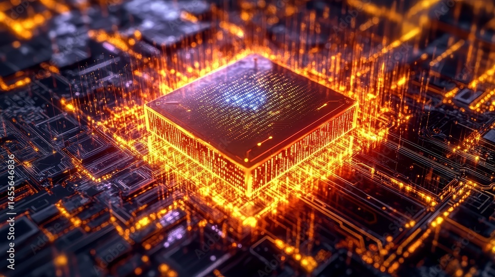 Poster glowing microchip surrounded by digital circuits at night, showcasing advanced technology and illumi