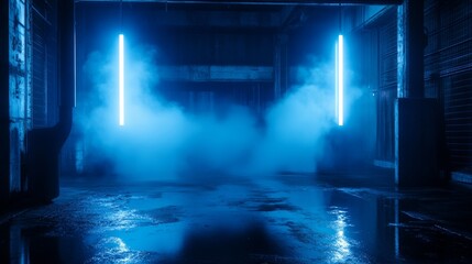Mysterious Blue-Lit Industrial Space With Mist and Reflective Wet Floors at Night