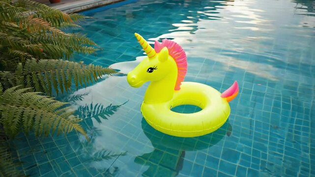 Inflatable unicorn pool toy floats in water.