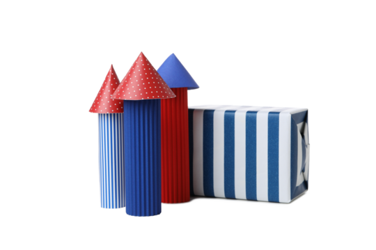 PNG, Paper fireworks with a gift, isolated on white background