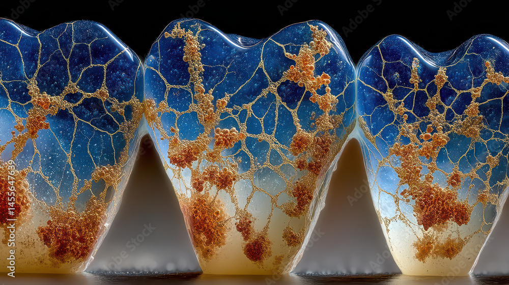 Poster detailed macro of tooth enamel highlighting crystalline structures and biological textures under opt
