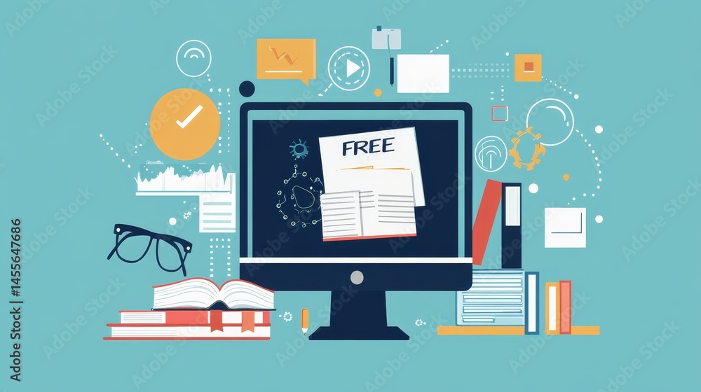 Poster creative workspace with digital elements showcasing online resources for learning and development