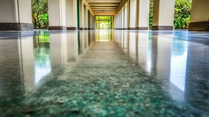 Polished concrete floor in a colonnaded walkway.  Sunlight streams through the colonnade, reflecting on the floor