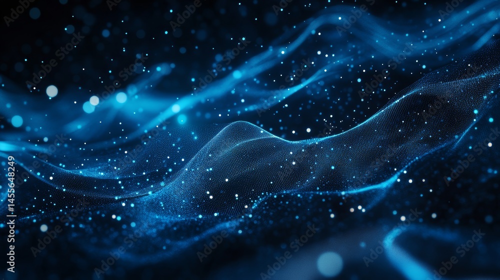 Poster innovative visualization of abstract blue wave patterns with glowing particles against a dark backdr
