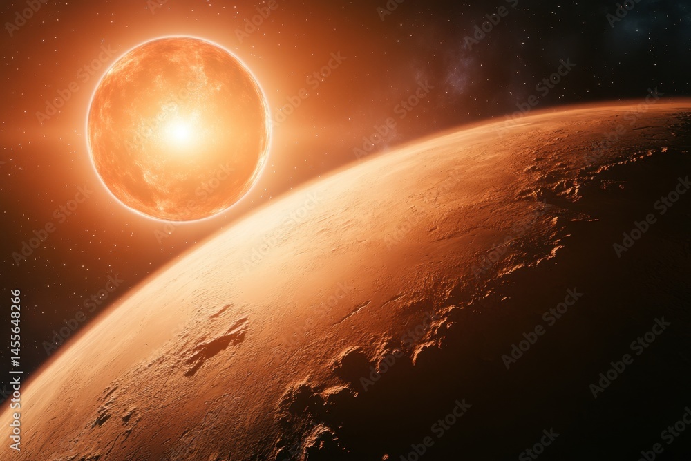 Poster distant planetary system with red planet and bright star in deep space exploration
