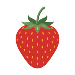 Simple flat vector illustration of a ripe red strawberry with green leaves and stem.