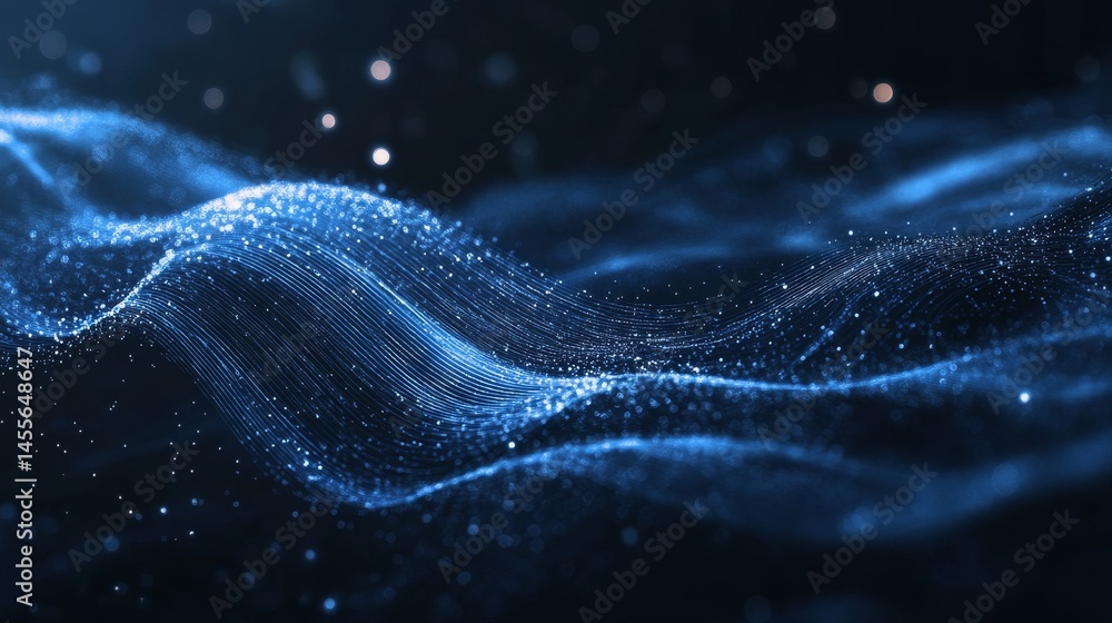 Poster dynamic visualization of glowing particles in blue and red colors creating a vibrant cosmic effect i
