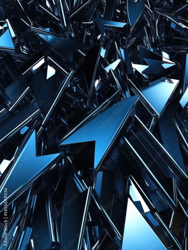 Poster abstract composition of blue and black geometric shapes with metallic reflections and sharp edges
