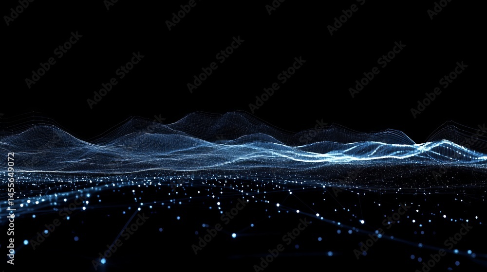Poster visual representation of digital sound waves and data patterns illuminated in a dark environment, sh
