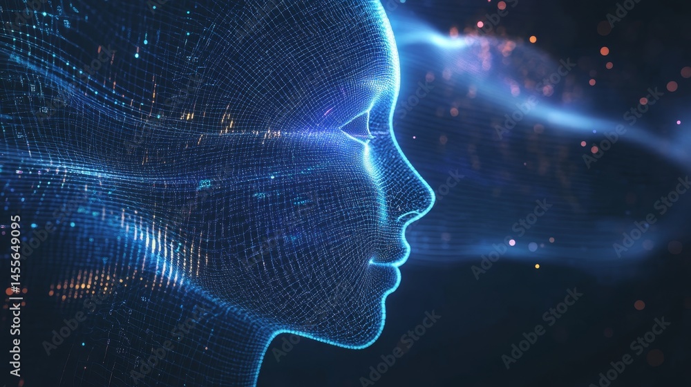 Poster digital representation of a human head with glowing neural connections and data streams, showcasing 