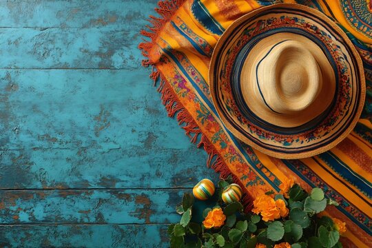 Festive Mexican backdrop with zarape, abanicos on rustic wood. Cinco de Mayo, fiesta, vacation, cultural celebration designs. Copy space for vibrant layouts.