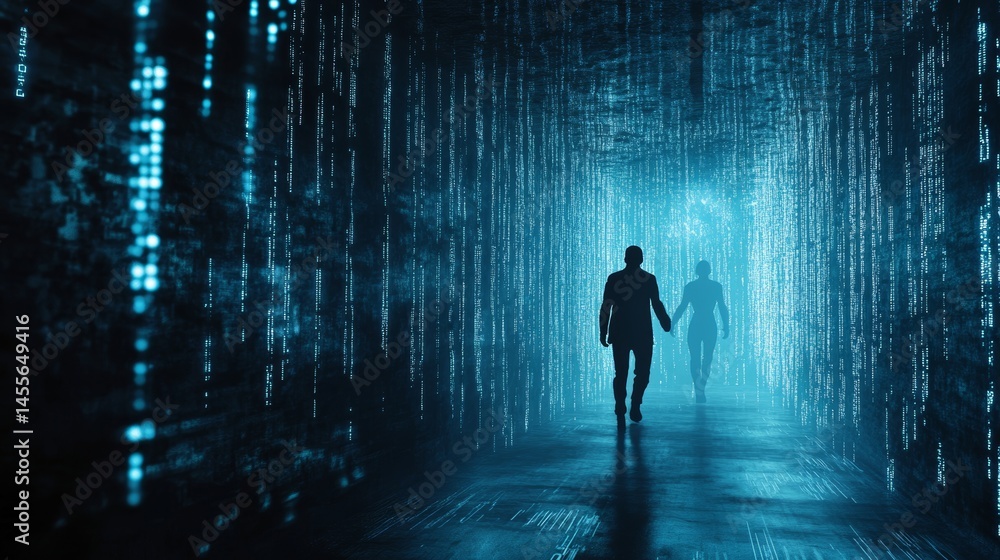Poster digital figure emerging from a data-filled environment in a futuristic setting