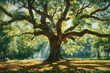 Obraz premium Majestic Oak Tree in a Sunlit Forest: A Testament to Nature's Timeless Beauty and Resilience