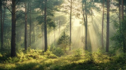 Obraz premium Sunlight Filters Through Trees in a Serene Forest, Highlighting the Natural Beauty of the Landscape During Early Morning Hours