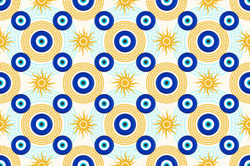 Evil eye seamless pattern. Turkish blue bead with meander. Greek vector magic background with sun and ethnic nazar symbol of protection luck. Traditional ornament with energy amulet