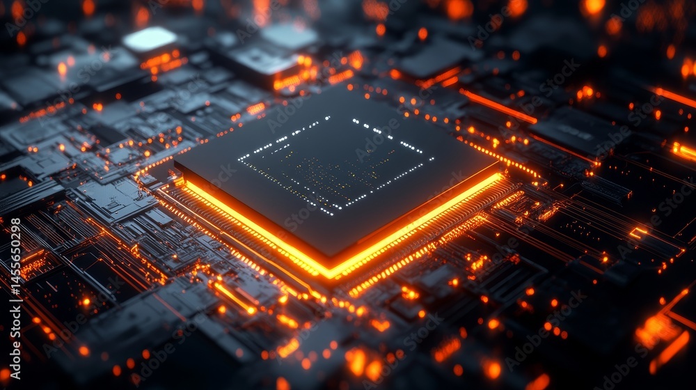 Poster close-up view of a glowing microchip in a detailed circuit board during nighttime, showcasing advanc