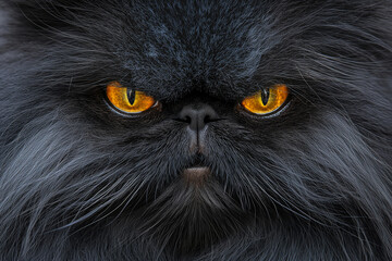 Close-up of a Black Persian Cat with Intense Amber Eyes